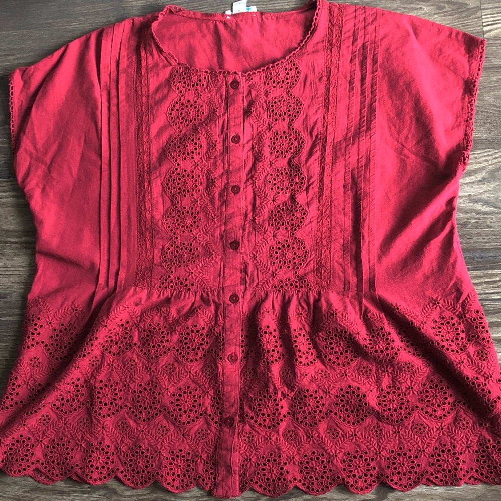 Sundance Art of Eyelet Short Sleeve Cotton Blouse Red Small See Through - Picture 2 of 8